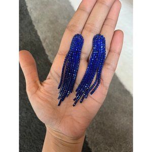 royal blue earrings long fringe crystal chandelier  blue pageant earrings